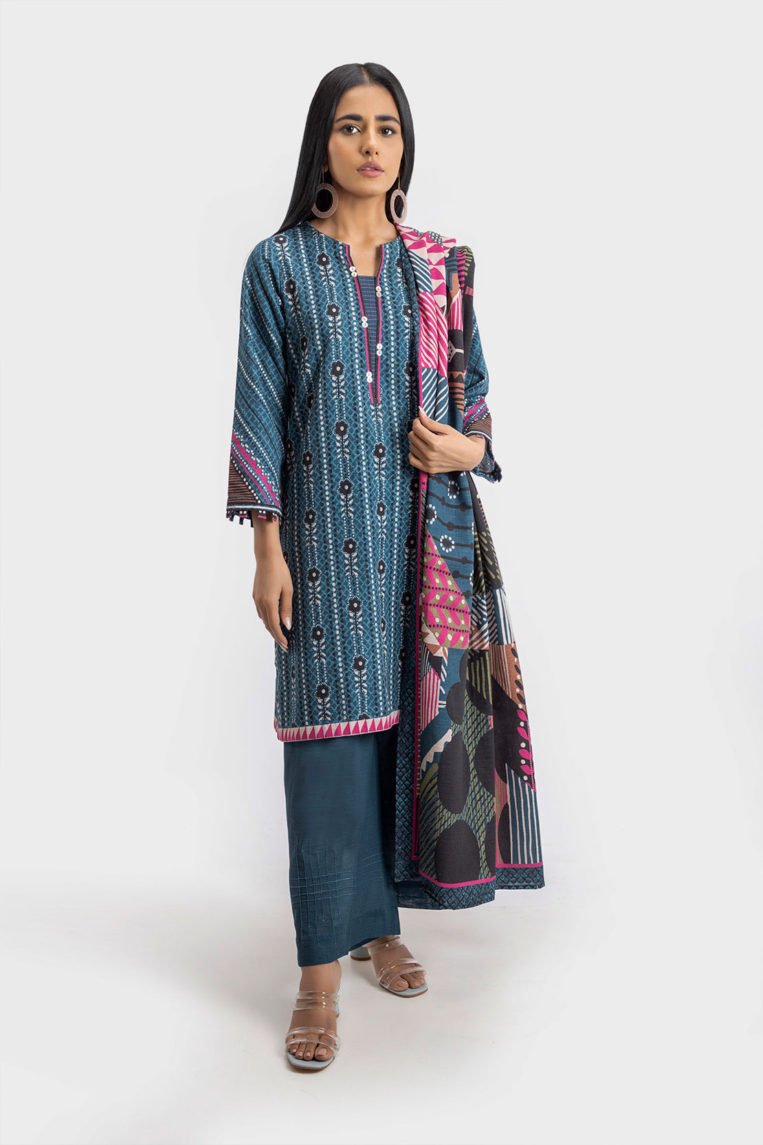 Khaddar 3PC Printed Chicken Kari Dress With Printed Shawl- KH-2