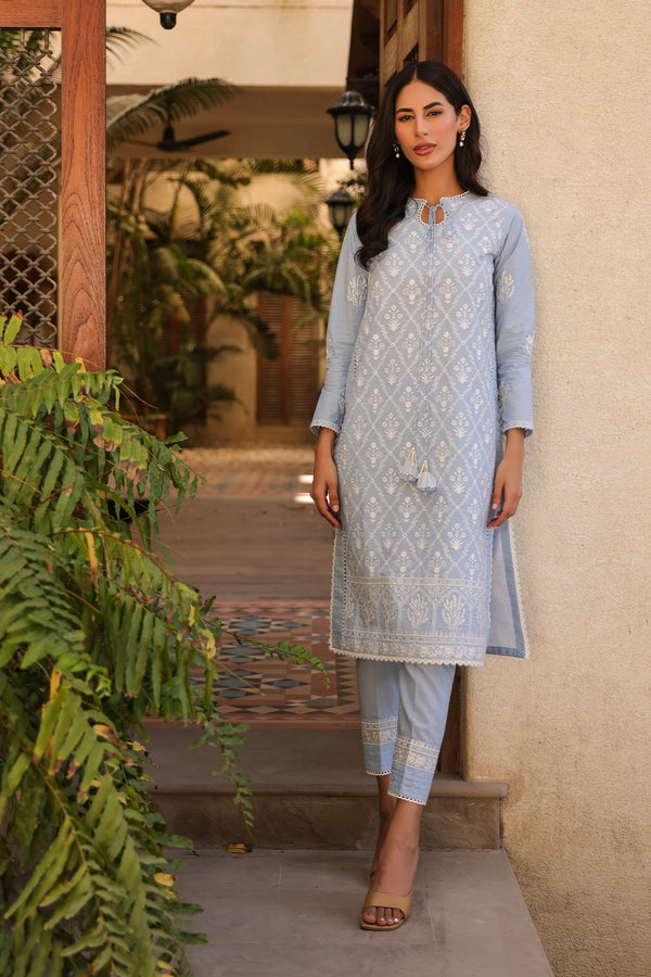 3 Piece Women wear | Unstitched | Sky Blue suit