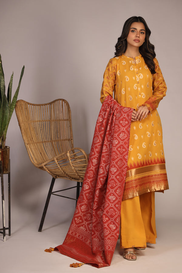 Jacquard | Unstitched | Yellow 3Pcs Suit