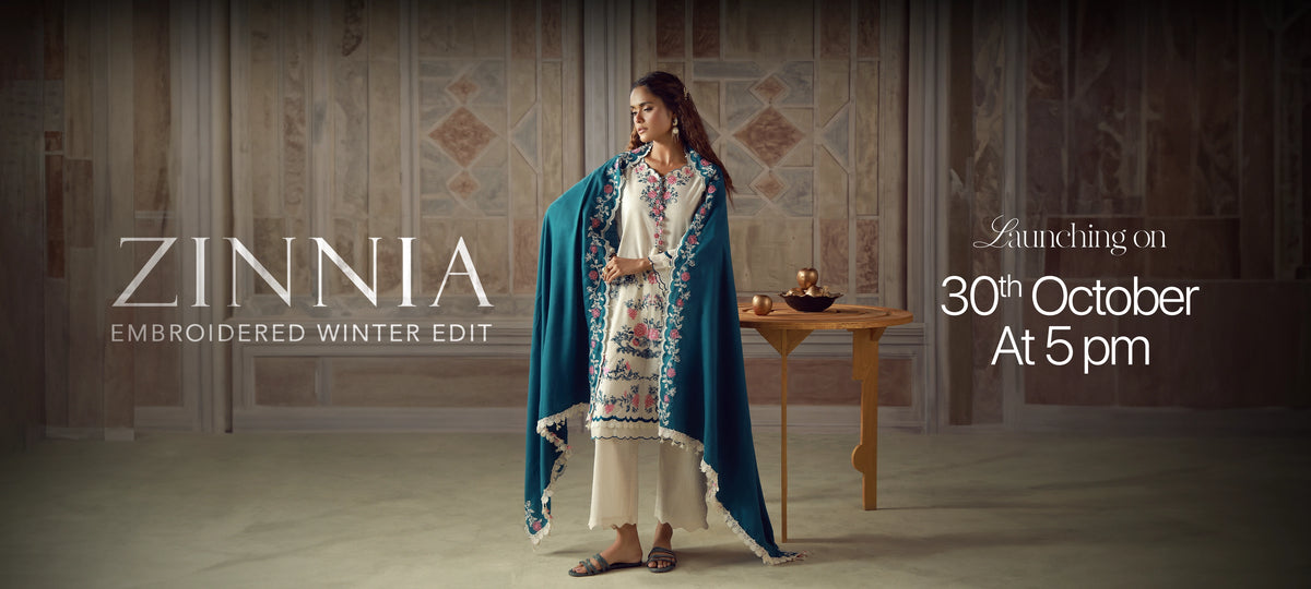 Sahar Zinnia embroidered winter edit, ivory embroidered suit with teal shawl, launching 30 October